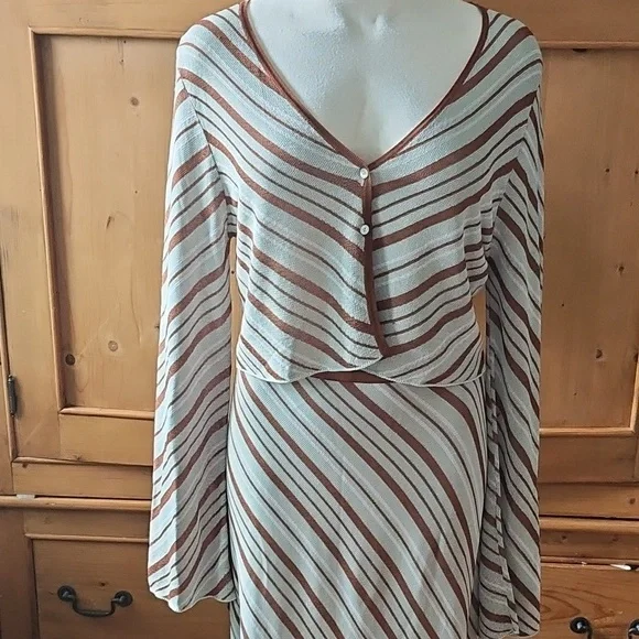 Zara Stripe Knit Top & Skirt Co Ord Set Size Large Green/ Brown Skirt Sets